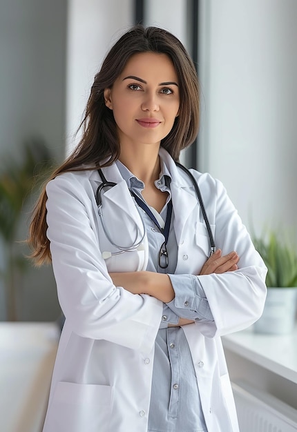 Photo portrait of beautiful young female doctor looking at camera