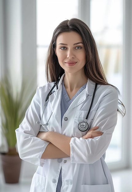 Photo portrait of beautiful young female doctor looking at camera