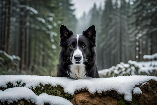 photo portrait of a black border collie with an adorable beanie in a forest covered in the snow