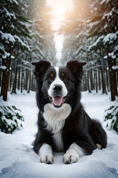 雪に覆われた森の中で愛らしいビーニー帽をかぶった黒いボーダーコリーのポートレート写真