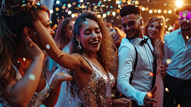 Photo photo portrait of carefree people together dancing at prom party having fun time wearing formal beautiful chic clothes