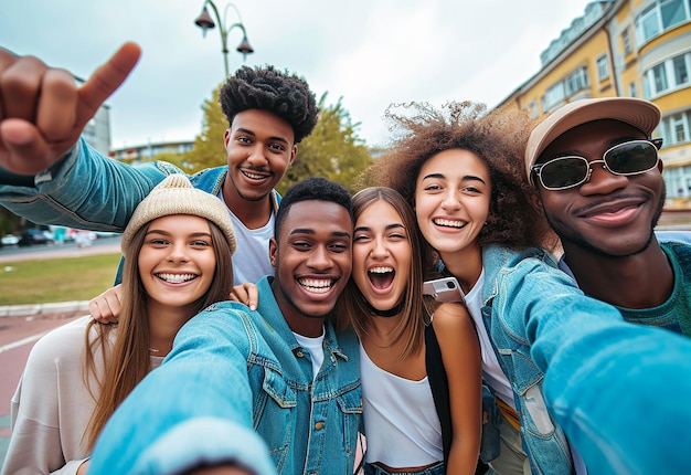 Photo portrait of cheerful loving fun taking international happy friends together