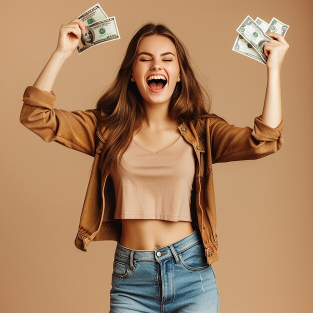Photo photo portrait of cheerful young woman holding money