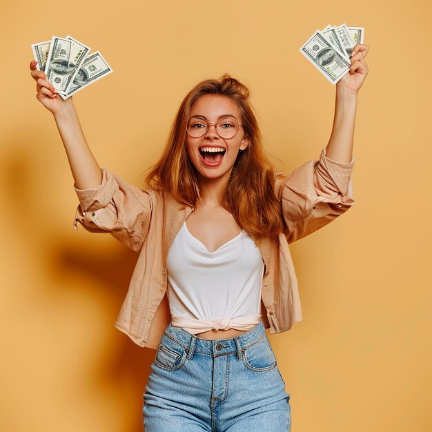 Photo photo portrait of cheerful young woman holding money