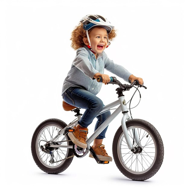 Photo portrait of child kid on a bicycle and riding it on isolated white background