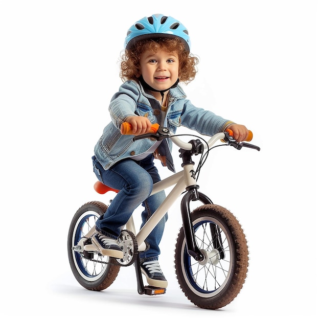 Photo photo portrait of child kid on a bicycle and riding it on isolated white background