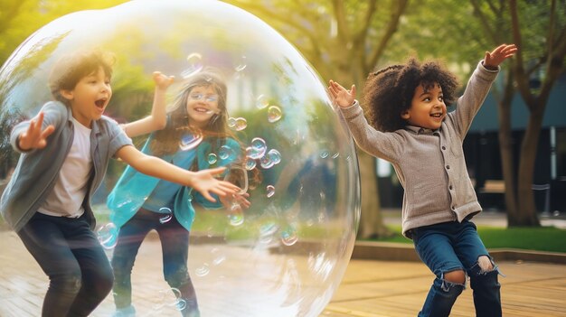 Foto ritratto fotografico di bambini che si divertono a giocare con bolle di sapone in estate