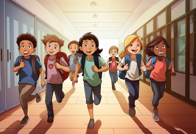 学校で走っている子供たちの写真画像