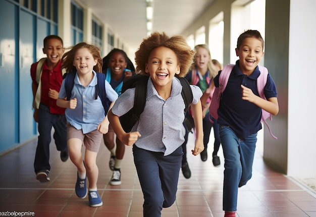 Foto ritratto fotografico di bambini che corrono alla scuola