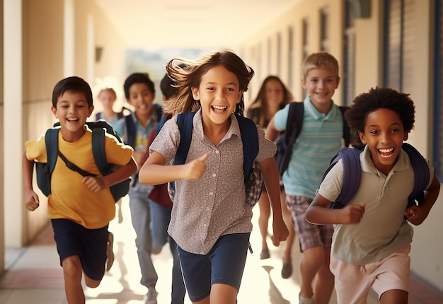 Foto ritratto fotografico di bambini che corrono alla scuola