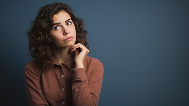 A photo portrait of a confused woman studio light