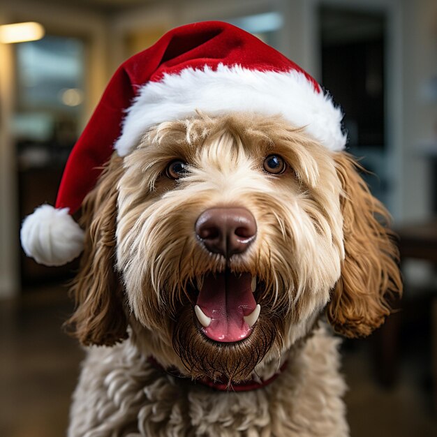 Photo photo portrait of a cute labradoodle dog puppy wearing a santa hat