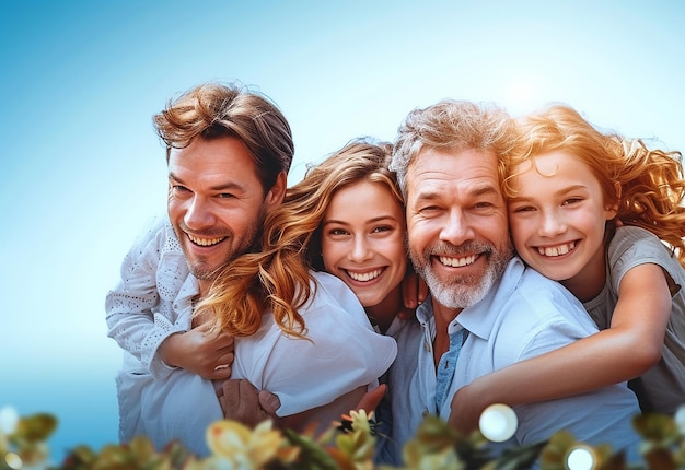 Foto ritratto fotografico di una bella famiglia che sorride insieme alla telecamera