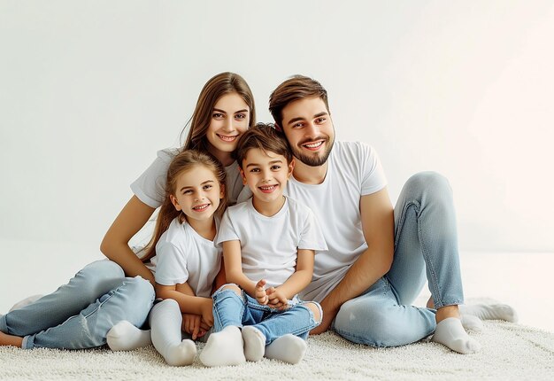 Foto ritratto fotografico di una bella famiglia che sorride insieme alla telecamera