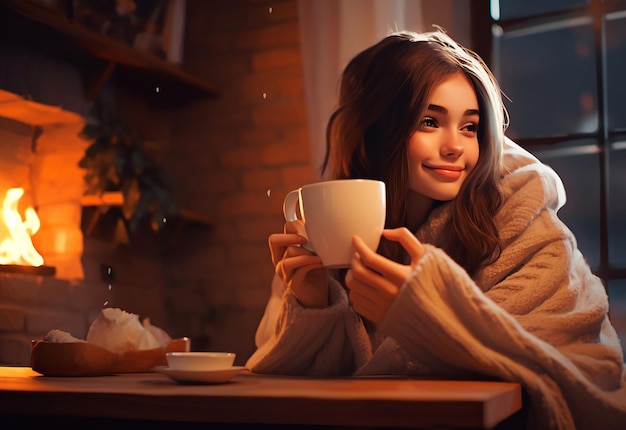 Photo portrait of cute young girl drinking tea cup coffee cup