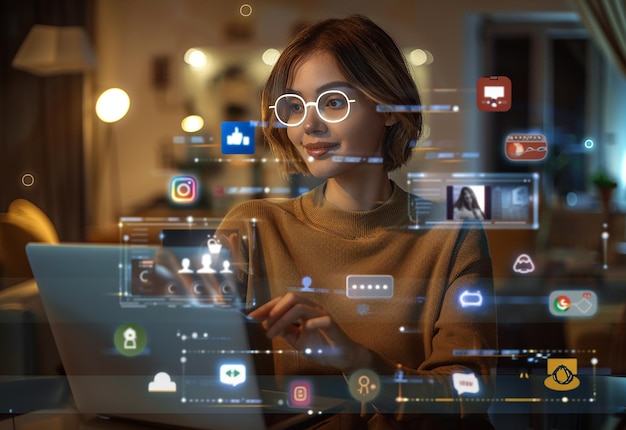 Photo photo portrait of digital technology business woman using laptop computer