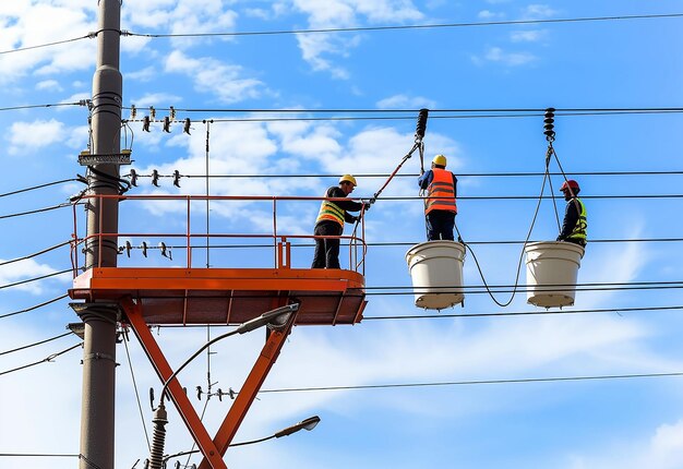 電気技師が街の電線に接地を設置する準備をしている写真