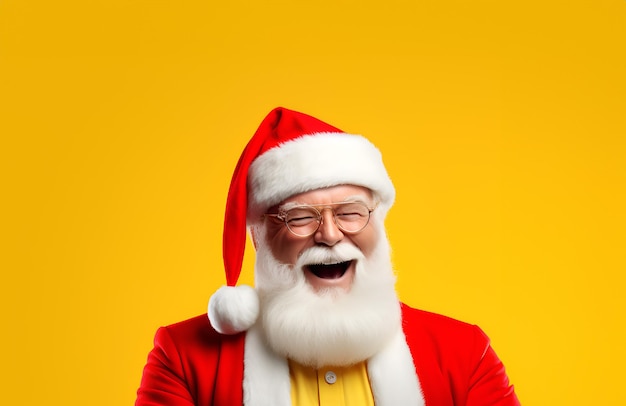 Foto ritratto di babbo natale emozionato che ride o sorride con barba bianca che indossa cappello o berretto rosso e vestiti su sfondo di colore giallo striscione di natale con spazio di copia per sconto pubblicitario