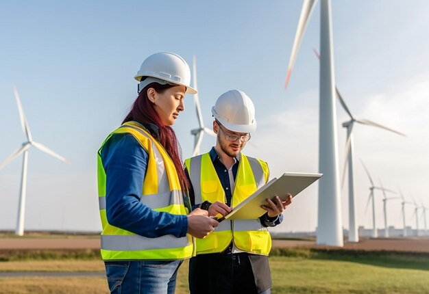 Photo photo portrait of engineers working checking turbine production in wind farm