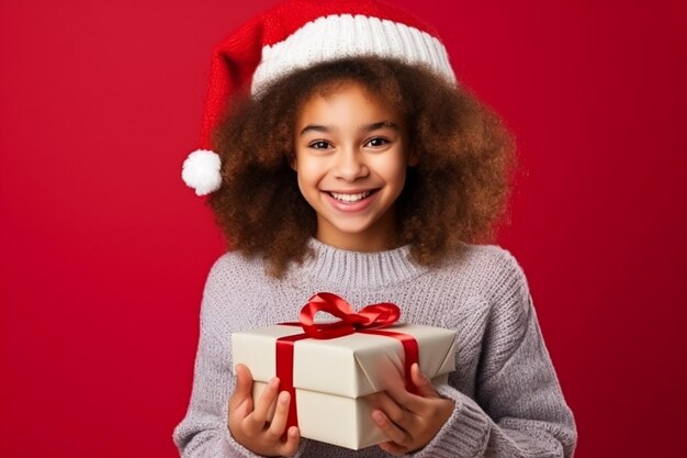 Photo portrait of excited curly girl in white hat and knitted mittens rejoices and holds gift box