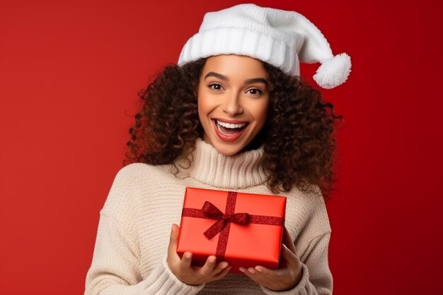 Photo portrait of excited curly girl in white hat and knitted mittens rejoices and holds gift box