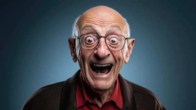 A photo portrait of an excited elderly man in studio light