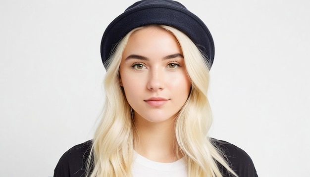 Photo portrait fashion blonde smiling young girl wearing hat