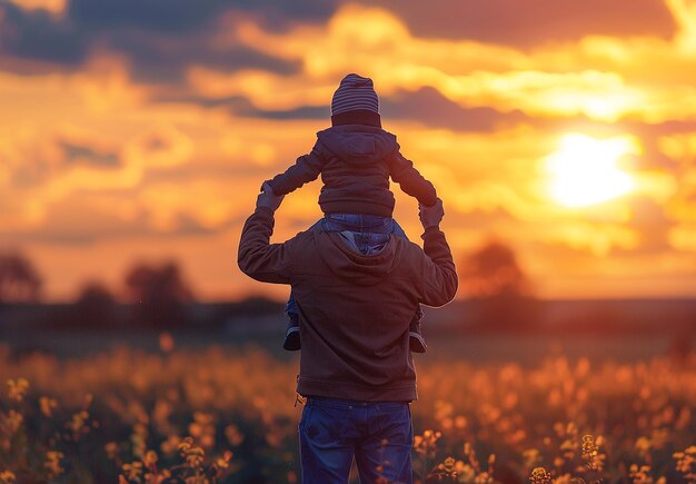 Photo portrait of father is holding a child on his shoulders in a field at sunset