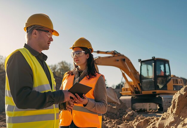 Photo portrait of female construction engineer construction man working in construction site