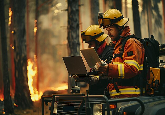 Photo photo portrait of fireman firefighters working in fire in field