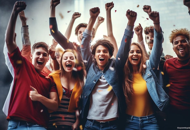 Photo portrait of friends team group gesturing arm up hands up