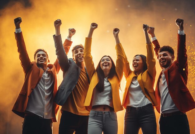 Photo portrait of friends team group gesturing arm up hands up