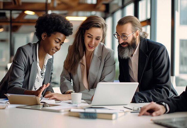 Photo portrait of group of business people discusses doing business meeting at the office room