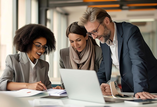 Photo portrait of group of business people discusses doing business meeting at the office room