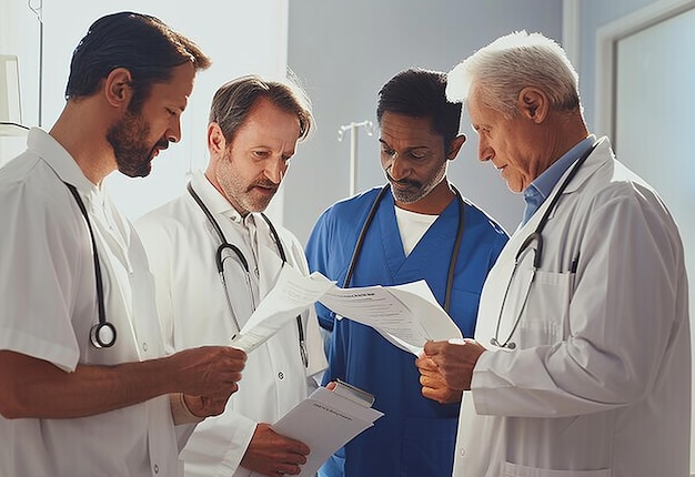 Photo portrait group of young doctors wearing medical uniforms in hospital office room