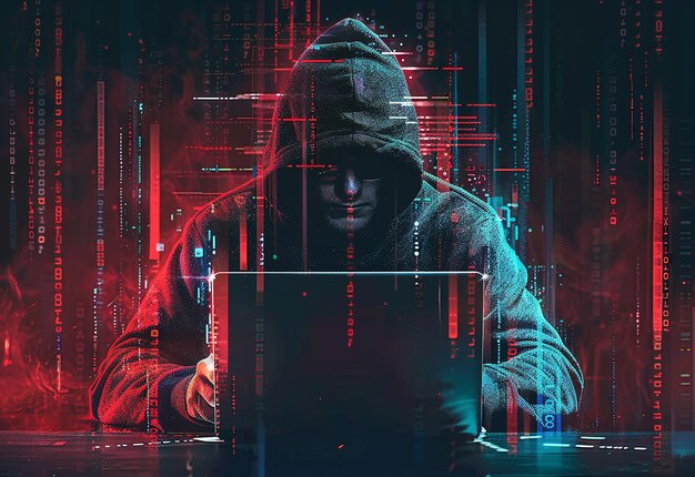 Фотопортрет хакера с перчатками и ноутбуком