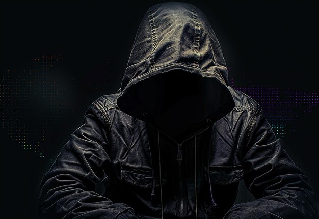 Photo portrait of hacker background with gloves and laptop