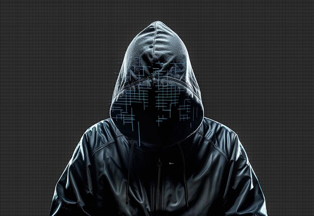 Photo portrait of hacker background with gloves and laptop