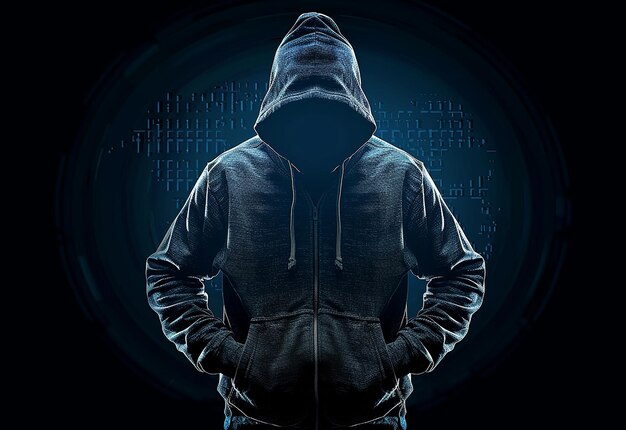 Photo portrait of hacker background with gloves and laptop