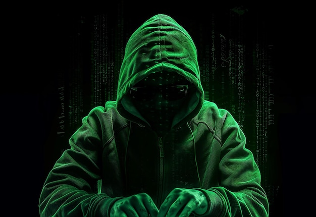 Photo portrait of hacker background with gloves and laptop