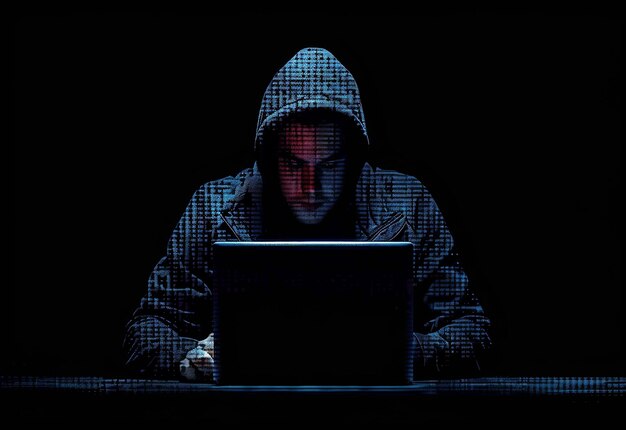 Photo photo portrait of hacker background with gloves and laptop