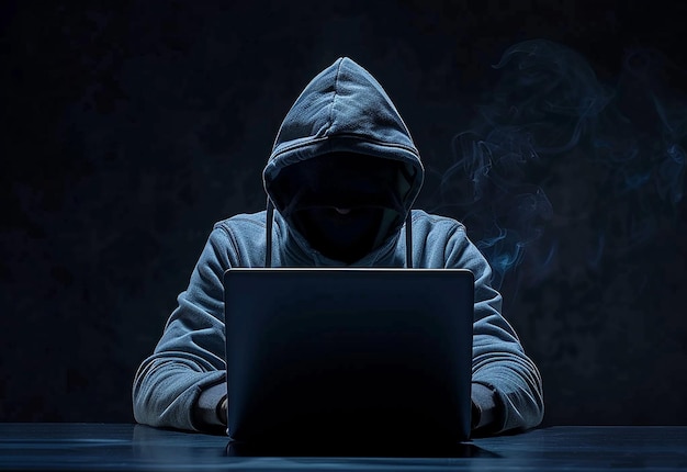 Photo portrait of hacker background with gloves and laptop