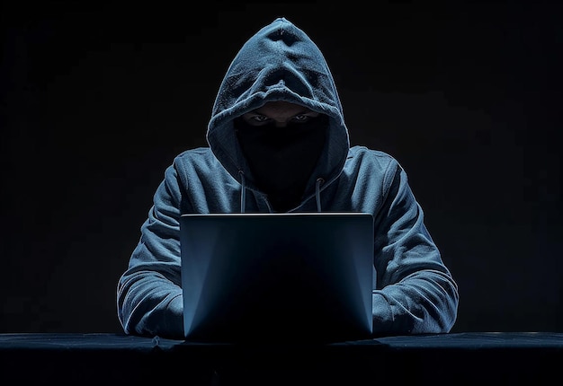 Photo portrait of hacker background with gloves and laptop