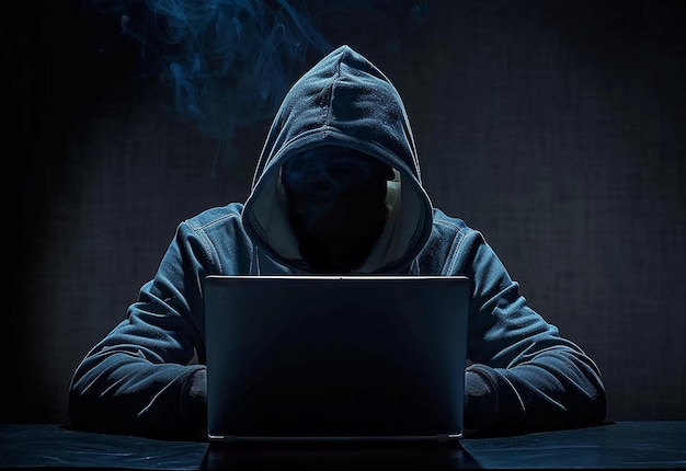 Photo portrait of hacker background with gloves and laptop