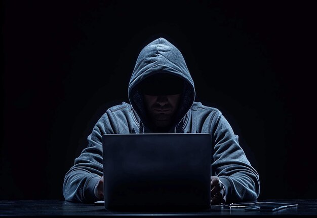 Photo portrait of hacker background with gloves and laptop