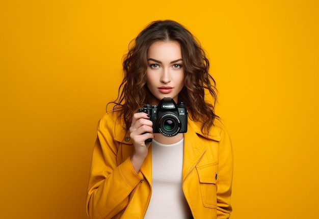 Foto ritratto fotografico di un bel cameraman fotografo e una cameraman donna donna donna con la macchina fotografica