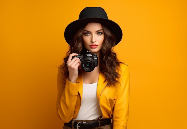 Photo portrait of handsome cameraman photographer and female camera girl lady woman with camera