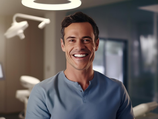 Фотопортрет красивого мужчины, улыбающегося с чистыми зубами Реклама стоматологии