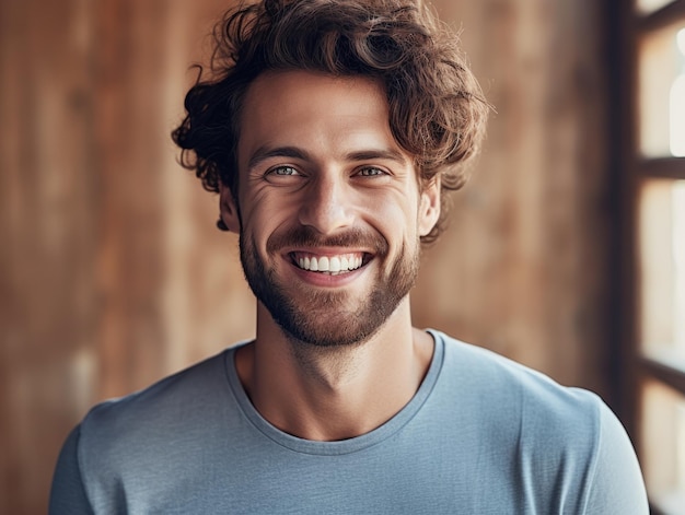 Фотопортрет красивого мужчины, улыбающегося с чистыми зубами Реклама стоматологии