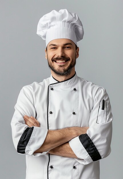 Photo portrait of a handsome young male chef with his arms crossed and wearing a chef hat